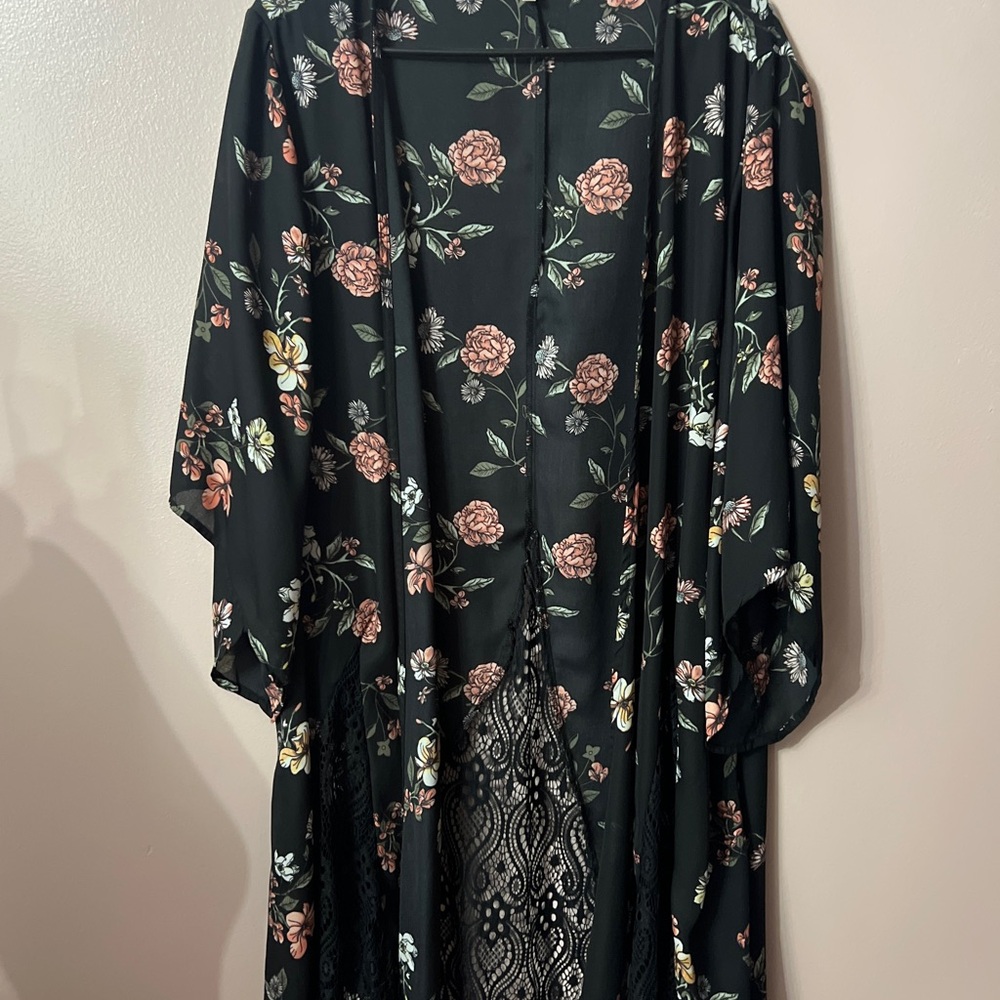 Stella Tweed black floral and lace kimono long light weight ladies 2x